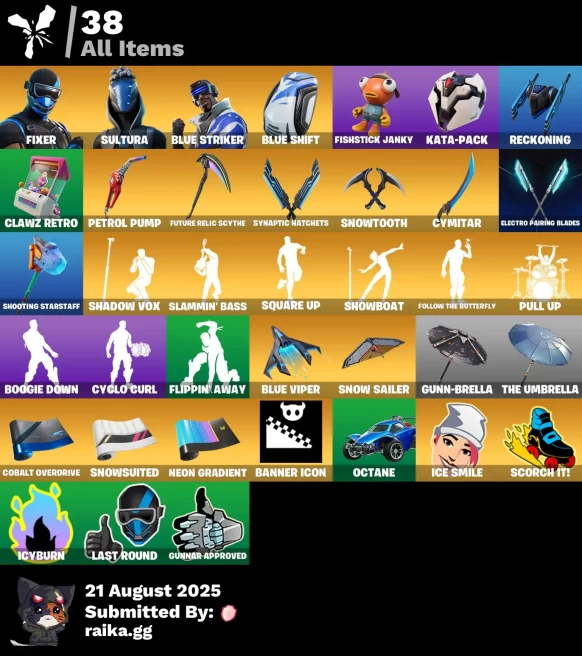 [PC/PSN/XBOX] 3 skins | Fixer | Sultura | Blue Striker | Blue Shift | Petrol Pump | Future Relic Scythe | Synaptic Hatchets | Snowtooth |
