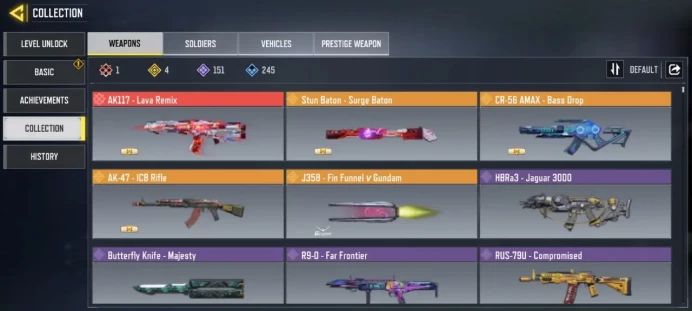 Level 395 / 1 mythic gun / 4 legend guns / 151 epic guns / 63 characters / Changable email / single save / cod 28