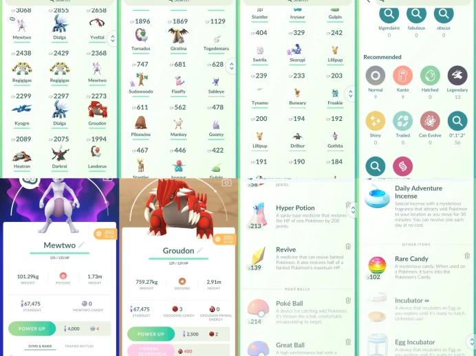 lvl22,have 13 Legendary,Mewtwo Regigigas Dialga Yveltal Kyogre Groudon Giratina Heatran etc,some nice pokemons  N8888