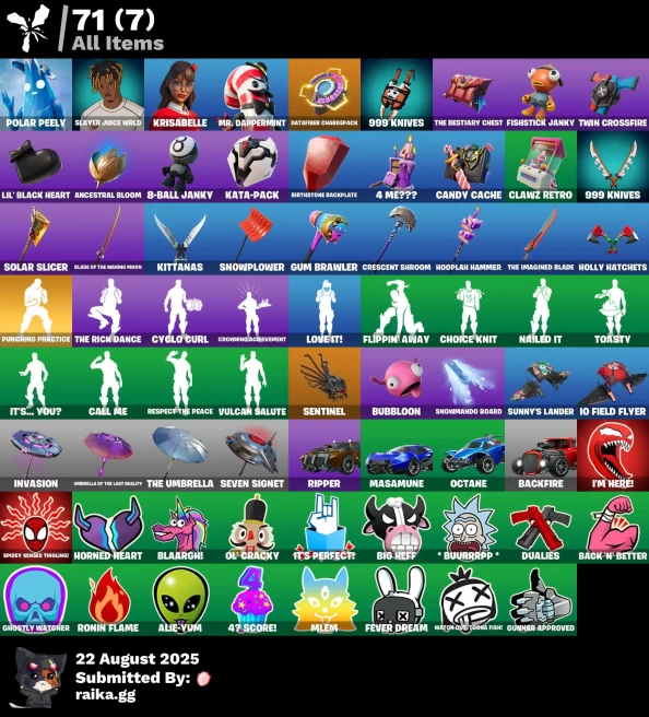 [PC/PSN/XBOX] 4 skins | Punching Practice | Polar Peely | Slayer Juice WRLD | Krisabelle | Mr. Dappermint | Datafiber Chargepack | 999 Knives