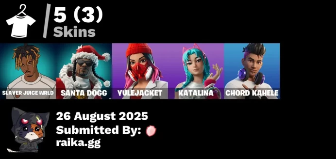 [PC/PSN/XBOX] 5 skins | Slayer Juice WRLD | Santa Dogg | Yulejacket | Katalina | Chord Kahele | Meowtooth Plush | Gwenpool's Katanas
