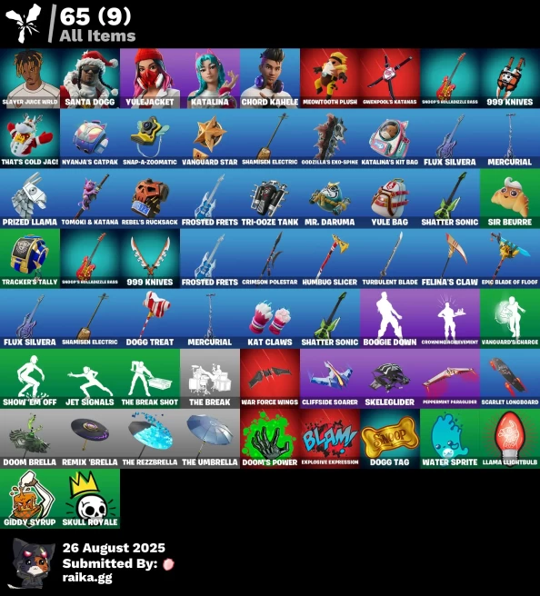 [PC/PSN/XBOX] 5 skins | Slayer Juice WRLD | Santa Dogg | Yulejacket | Katalina | Chord Kahele | Meowtooth Plush | Gwenpool's Katanas