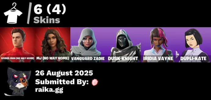 [PC/PSN/XBOX] 6 skins | Spider-Man (No Way Home) | MJ (No Way Home) | Vanguard Zadie | Blitz Knight | Iridia Vayne | Dupli-Kate