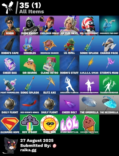 [PC/PSN/XBOX] 5 skins | Robin | Blitz Knight | Explorer Emilie | Haylee Skye | Mr. Dappermint | Dreamer's Two-Shot | Robin's Cape | Greebles