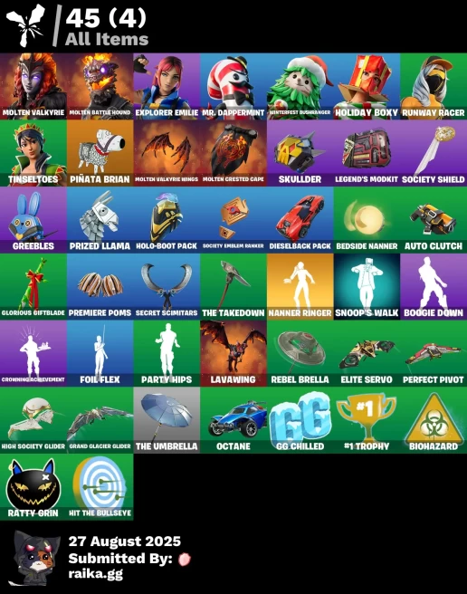 [PC/PSN/XBOX] 9 skins | Molten Valkyrie | Molten Battle Hound | Trailblazer Tai | Explorer Emilie | Mr. Dappermint | Winterfest Bushranger