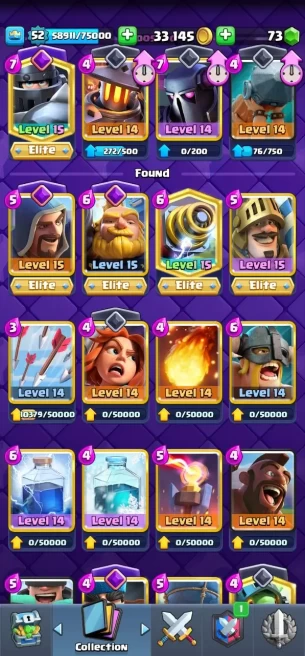 Level53. Elite:5 . Max card: 12. Evo 10. +60 Emote. +5 Tower collection. Safe and cheap