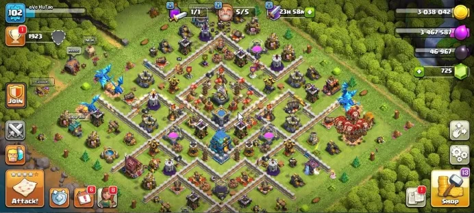 TH 12 - BH 6 Lvl 102 |Thropy 1923| HH 6 |BK 29,AQ 27,MP 30,GW 13,RC 0|CN OFF|Protect Off|Take Mail|Check SS|(COC721)