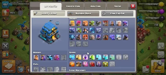 TH 12 - BH 6 Lvl 102 |Thropy 1923| HH 6 |BK 29,AQ 27,MP 30,GW 13,RC 0|CN OFF|Protect Off|Take Mail|Check SS|(COC721)