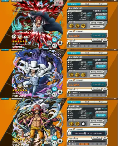 [ME51] 3 EX 2 Max (Kamusari Shanks, Lucci, Green Roger) Support 121% - Many Gold Medal - Solo Half Left