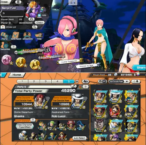 [ME51] 3 EX 2 Max (Kamusari Shanks, Lucci, Green Roger) Support 121% - Many Gold Medal - Solo Half Left