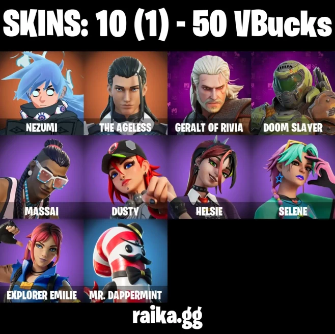 [PSN/XBOX/PC] 10 skins | Nezumi | The Ageless | Geralt of Rivia | Doom Slayer | Massai | Dusty | Helsie | Selene | Explorer Emilie | 50 VB