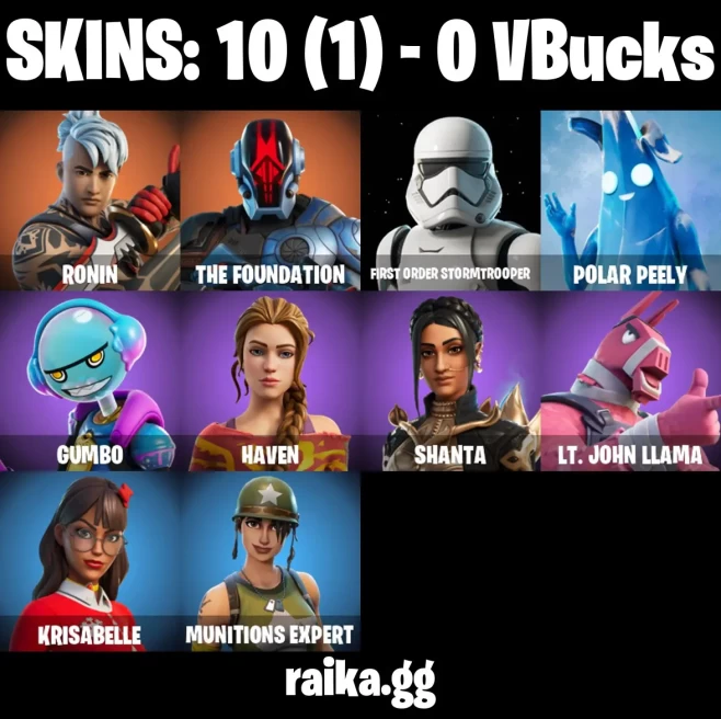 [PSN/XBOX/PC] 10 skins | Ronin | The Foundation | First Order Stormtrooper | Polar Peely | Gumbo | Haven | Shanta | Lt. John Llama | Krisabelle