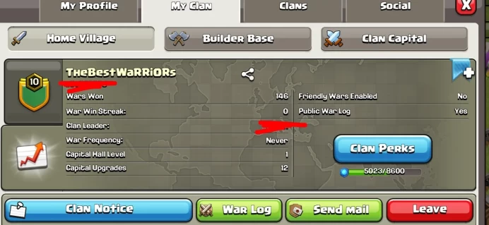 Clan Level 10 | Name: TheBestWaRRiORs | Awesome Name | Wins 146 ,Losses 189 | Silver 3 | Capital Hall 1