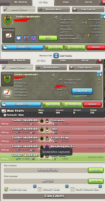 Clan Level 10 | Name: TheBestWaRRiORs | Awesome Name | Wins 146 ,Losses 189 | Silver 3 | Capital Hall 1