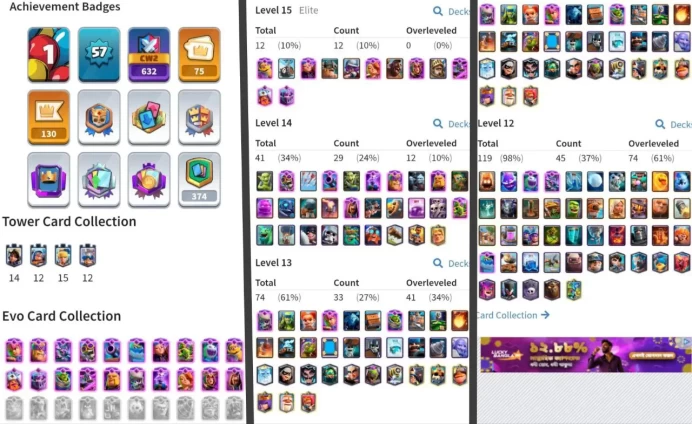 R47【KT 15_Lv 59】20 Evo Card▰12 Card Lv 15▰64 Card Lv 14 Can After Gold▰74 Card Lv 13▰75 RARE EMOTE▰9 TOWER SKIN▰9.5K TROPHY▰NC FREE