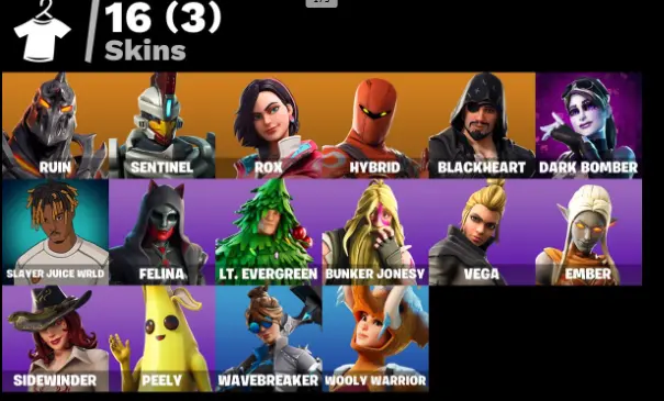 PC/XBOX/PSN 16 Skins  | Dark Bomber | Peely |Ember |Vega | Rox |Bunker Jonesy |Ruin |Sentinel |Hybrid |Blackheart |Slayer Juice WRLD | Felina 