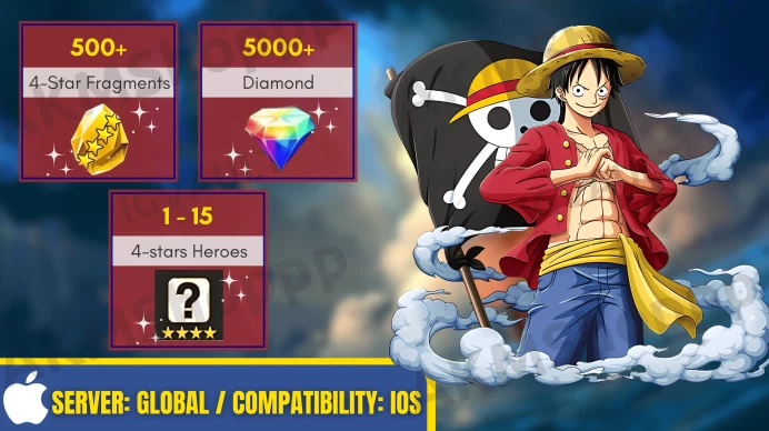 [IOS Global] 5000+ Diamonds ◈ Legendary Monkey D. Luffy ◈ 500 4-Star Fragments ◈ 1 - 10+ Random 4-stars Heroes ◈ Instant Delivery