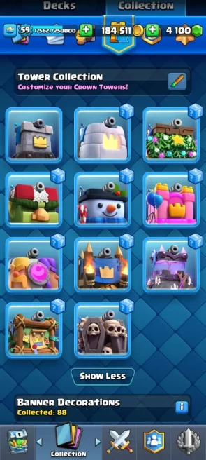 BEST CR 48 MAX CARDS, 9 YEAR OLD,  22 ELITE,  13 EVO, 12150 CUP, 65 EMOTES, 85 BANNER & 92 FRAMES, 129 BADGES , ARENA 24, KT 15 , [LEVEL 59]