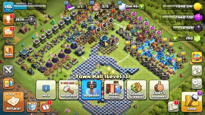 TH 13 - BH 10 | Lvl 146 |Thropy 2834| HH 7 |BK 60,AQ 66,MP 41,GW 27,CR 21|CN OFF|Protect Off|Take Mail|Check SS|(COC1215)
