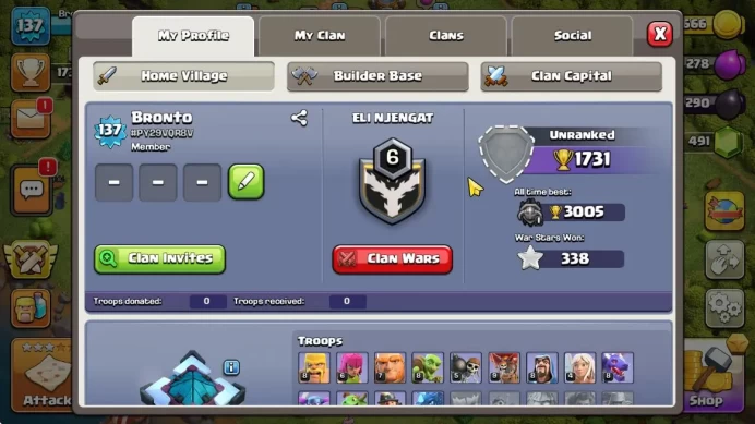 TH 13 - BH 6  | Lvl 137 |Thropy 1731| HH 7 |BK 47,AQ 47,MP 40,GW 25,CR 8 |CN OFF|Protect On|Take Mail|Check SS|(COC1225)