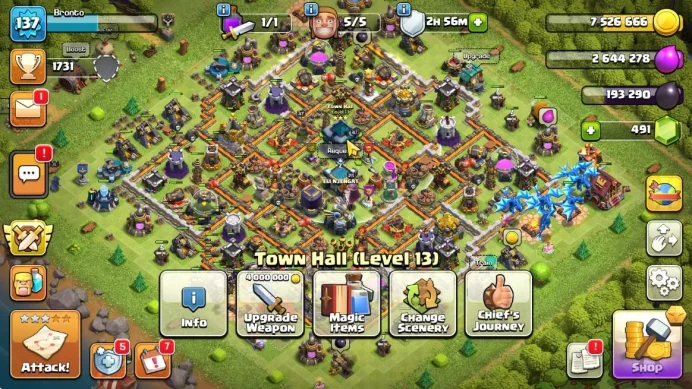 TH 13 - BH 6  | Lvl 137 |Thropy 1731| HH 7 |BK 47,AQ 47,MP 40,GW 25,CR 8 |CN OFF|Protect On|Take Mail|Check SS|(COC1225)