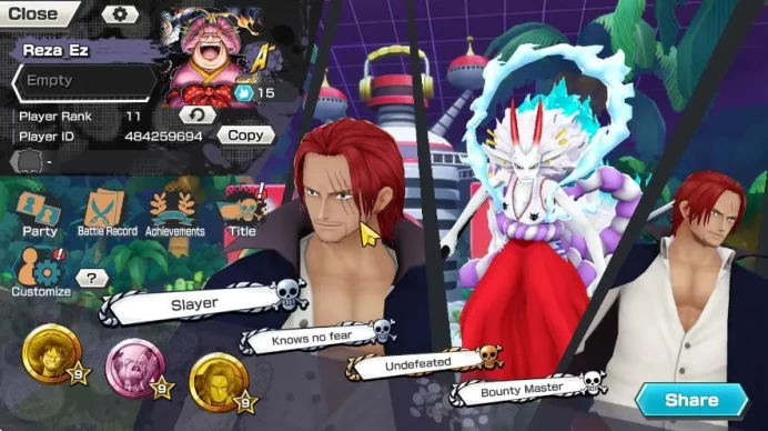 Global |6 Meta Extreme[Gear Four Luffy,Shanks,Sakazuki,Olin the Oiran,Yamato],Etc|Rank 11|Log Bandai|Check SS|(OPBR825)