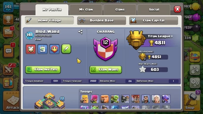 TH 14  - BH 10 | Lvl 141  |Thropy 4811 | HH 8 | BK 57,AQ 55 ,MP 38,GW 34,CR 20|CN ON| Protect On |Take Mail|Check SS|(COC1234)