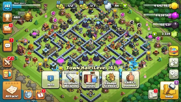 TH 14  - BH 10 | Lvl 141  |Thropy 4811 | HH 8 | BK 57,AQ 55 ,MP 38,GW 34,CR 20|CN ON| Protect On |Take Mail|Check SS|(COC1234)