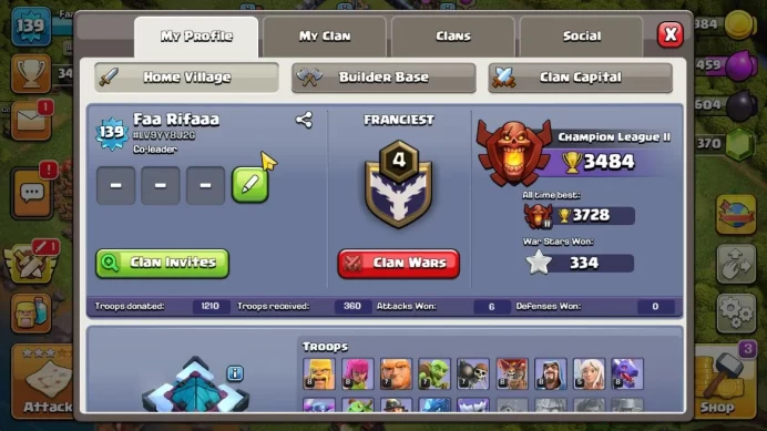TH 13 - BH 8 | Lvl 139 |Thropy 3484 | HH 7 | BK 60, AQ 57,MP 41,GW 33,CR 6|CN Off| Protect On |Take Mail|Check SS|(COC1235)