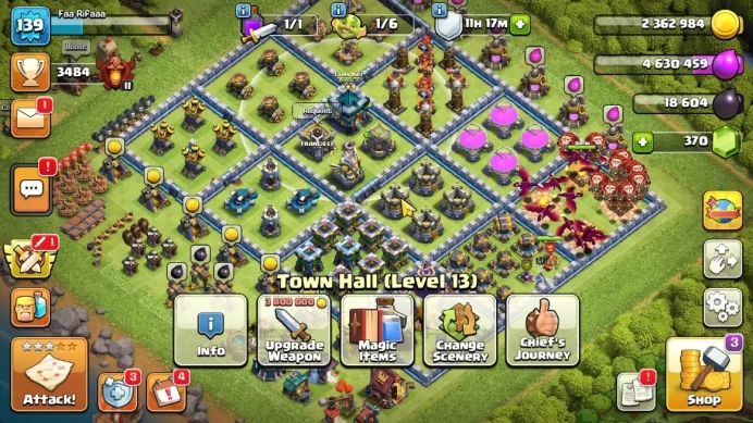 TH 13 - BH 8 | Lvl 139 |Thropy 3484 | HH 7 | BK 60, AQ 57,MP 41,GW 33,CR 6|CN Off| Protect On |Take Mail|Check SS|(COC1235)