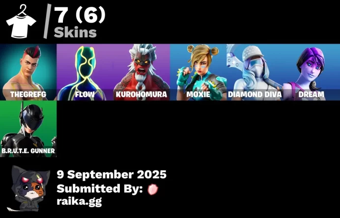 [PC/PSN/XBOX] 7 skins | TheGrefg | Flow | Kurohomura | Moxie | Diamond Diva | Dream | B.R.U.T.E. Gunner | Balls of Power | Vibe Star