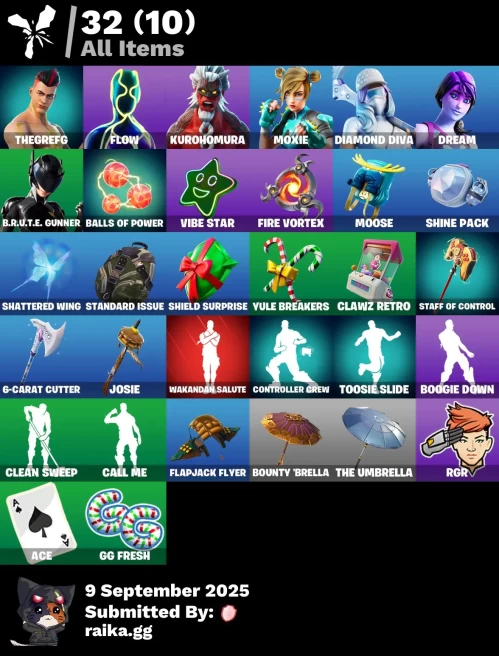 [PC/PSN/XBOX] 7 skins | TheGrefg | Flow | Kurohomura | Moxie | Diamond Diva | Dream | B.R.U.T.E. Gunner | Balls of Power | Vibe Star