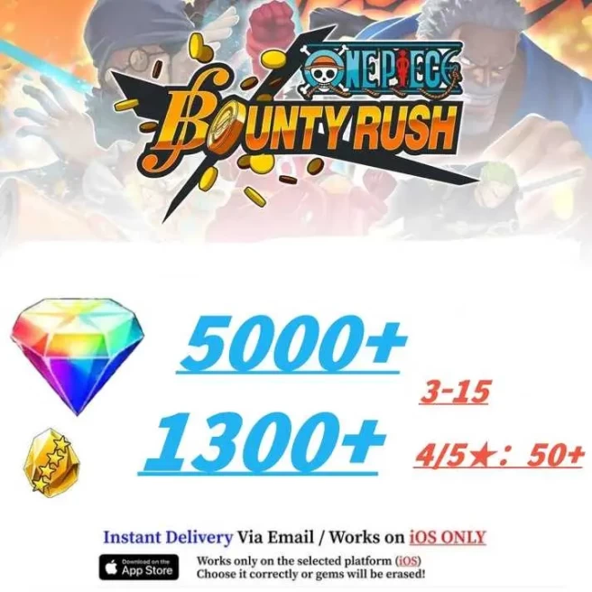 Global[IOS/Only][5000+RD][1300+GF]+50+ Random 4-5 Star Characters+Random 6 Star Character 3-15[Fast delivery] ONE PIECE Bounty Rush(255