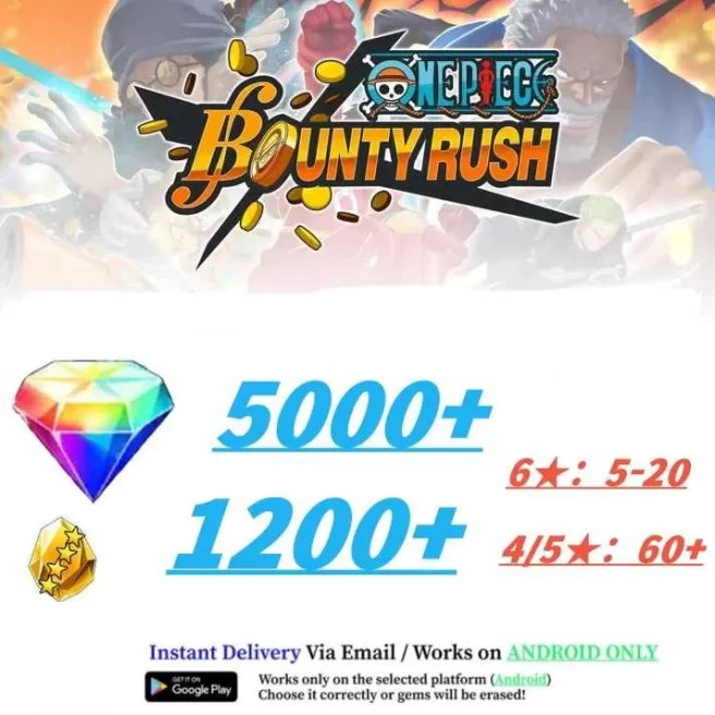Global[Android/Only][5000+RD][1200+GF]+60+ Random 4-5 Star Characters+Random 6 Star Character 5-20[Fast delivery] ONE PIECE Bounty Rush