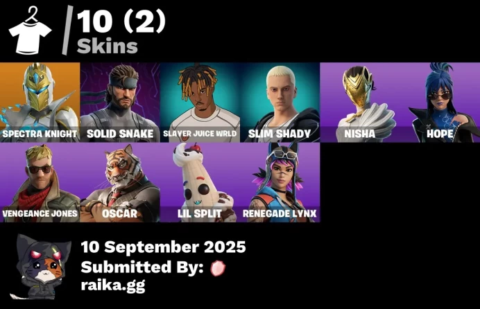 [PC/PSN/XBOX] 10 skins | Spectra Knight | Solid Snake | Slayer Juice WRLD | Slim Shady | Nisha | Hope | Vengeance Jones | Oscar | Lil Split
