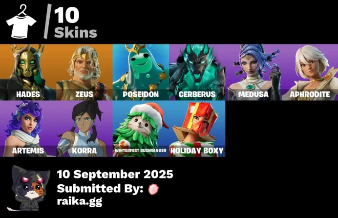 [PC/PSN/XBOX] 10 skins | Hades | Zeus | Poseidon | Cerberus | Medusa | Aphrodite | Artemis | Korra | Winterfest Bushranger | Holiday Boxy