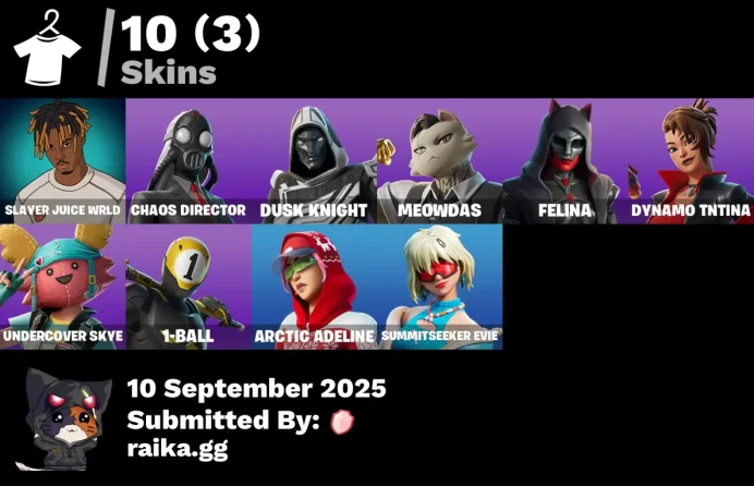[PC/PSN/XBOX] 10 skins | Slayer Juice WRLD | Chaos Director | Blitz Knight | Meowdas | Felina | Dynamo TNTina | Undercover Skye | 1-Ball