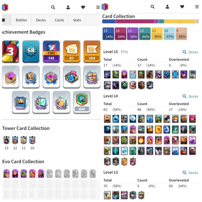 CR LVL 58 | MAX CARD 65 (ELITE 17) | EVO 5 | EMOTE 87 | BATTLE WONS 7296 | KT 15 | TROPHY 10300 | S ARENA 1 | NC FREE | INSTANT DELIVERY