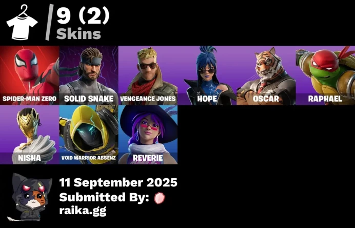 [PC/PSN/XBOX] 9 skins | Spider-Man Zero | Solid Snake | Vengeance Jones | Hope | Oscar | Raphael | Nisha | Void Warrior Absenz | Reverie