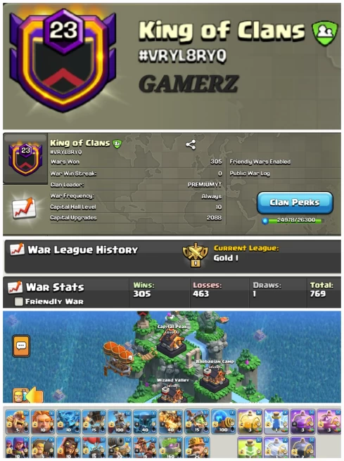 King Of Clans !! LEVEL 23.9 (ALMOST 24)!! CAPITAL PEAK 10 (ALMOST MAX TROOPS) !! WIN 305 LOSS 463 !! PERFECT NAME !! CHEAP !! FAST DELIVERY
