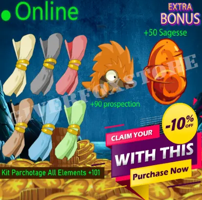  Boune>[ Kit Parchotage +101 tout les Elements ] + [ Pykur +90 Prospection ] + [ Dofus Cawotte +50 Sagesse ] +BONUS (Best buy)