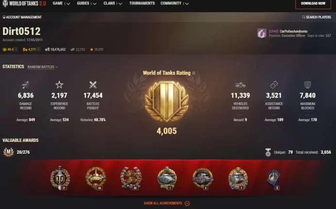  [EU] 12 TIER X | 41 PREMIUM TANK | 1871 GOLD | [10] 121B | TOTAL TANKS 83 | 18 852 (49%) WINS | 10 301 167 SILVER  |