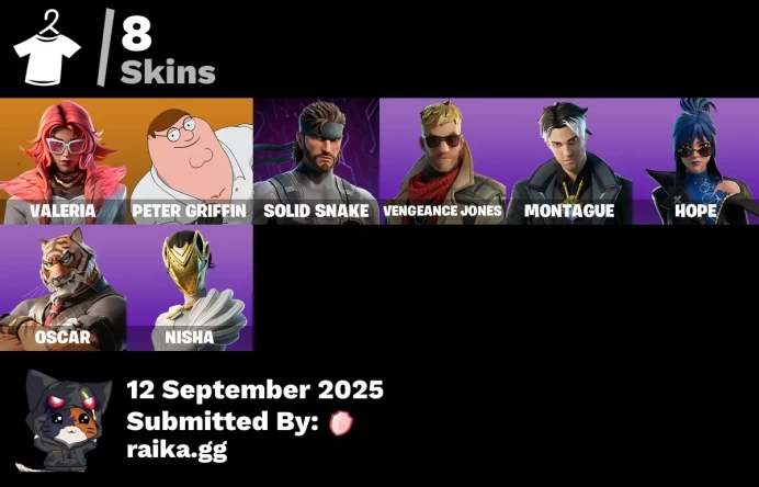 [PC/PSN/XBOX] 8 skins | Valeria | Peter Griffin | Solid Snake | Vengeance Jones | Montague | Hope | Oscar | Nisha | Ruby Relic | Piñata Brian