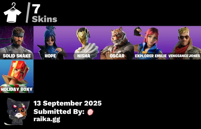 [PC/PSN/XBOX] 7 skins | Solid Snake | Hope | Nisha | Oscar | Explorer Emilie | Vengeance Jones | Holiday Boxy | Ruby Relic | Legend's Modkit