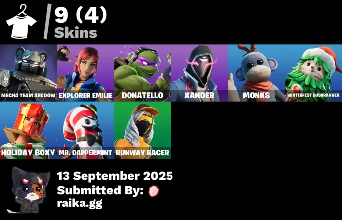 [PC/PSN/XBOX] 9 skins | Mecha Team Shadow | Explorer Emilie | Donatello | Xander | Monks | Winterfest Bushranger | Holiday Boxy