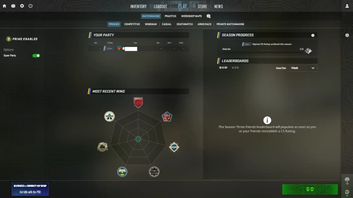 [ID:151721][PRIME][PREMIER MODE AVAILABLE][FACEIT READY][VERY RARE] UN (UNRANKED || 0 MM || 147 HOURS || MEDALS)