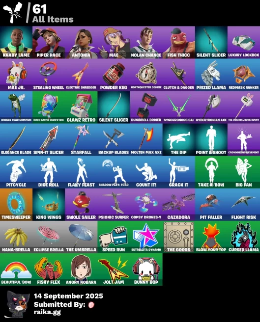 [PC/PSN/XBOX] 6 skins | Khaby Lame | Mae | Nolan Chance | Fish Thicc | Antonia | Piper Pace | Silent Slicer | Clutch & Dagger