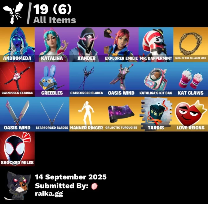 [PC/PSN/XBOX] 5 skins | Andromeda | Katalina | Xander | Explorer Emilie | Mr. Dappermint | Sigil of the Alliance War | Gwenpool's Katanas