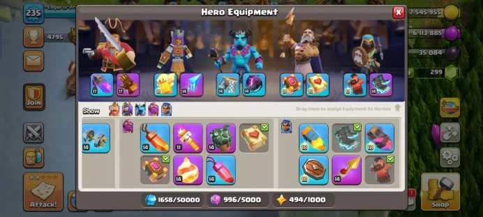 MAX TH 16 HIGH XP 235,DEFENSE MAX, TROOPS MAX AND HEROES NEAR MAXED, ALL RARE EQUIPMENT UNLOCKED, 17 GOLD SKINS, FREE NC & FULL MAX BUILDER BASE