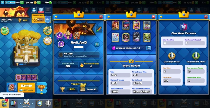 KT14 | LvL51 |(3Cards LvL15 || 21Cards LvL14) | 48Emotes | 4Tower Skins| 120Cards | Q540